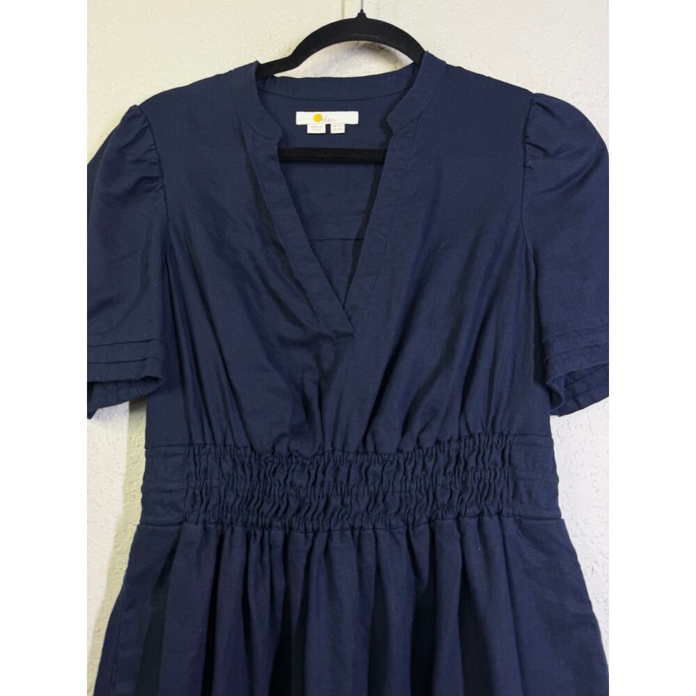 ANTHROPOLOGIE BODEN Dress 8 Linen VNeck Puff Sleeve Elastic Waist Pockets Navy - Picture 6 of 13